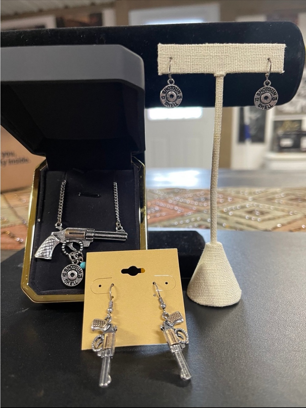 Silver Western Revolver Necklace and Bullet Charm Earrings Set
